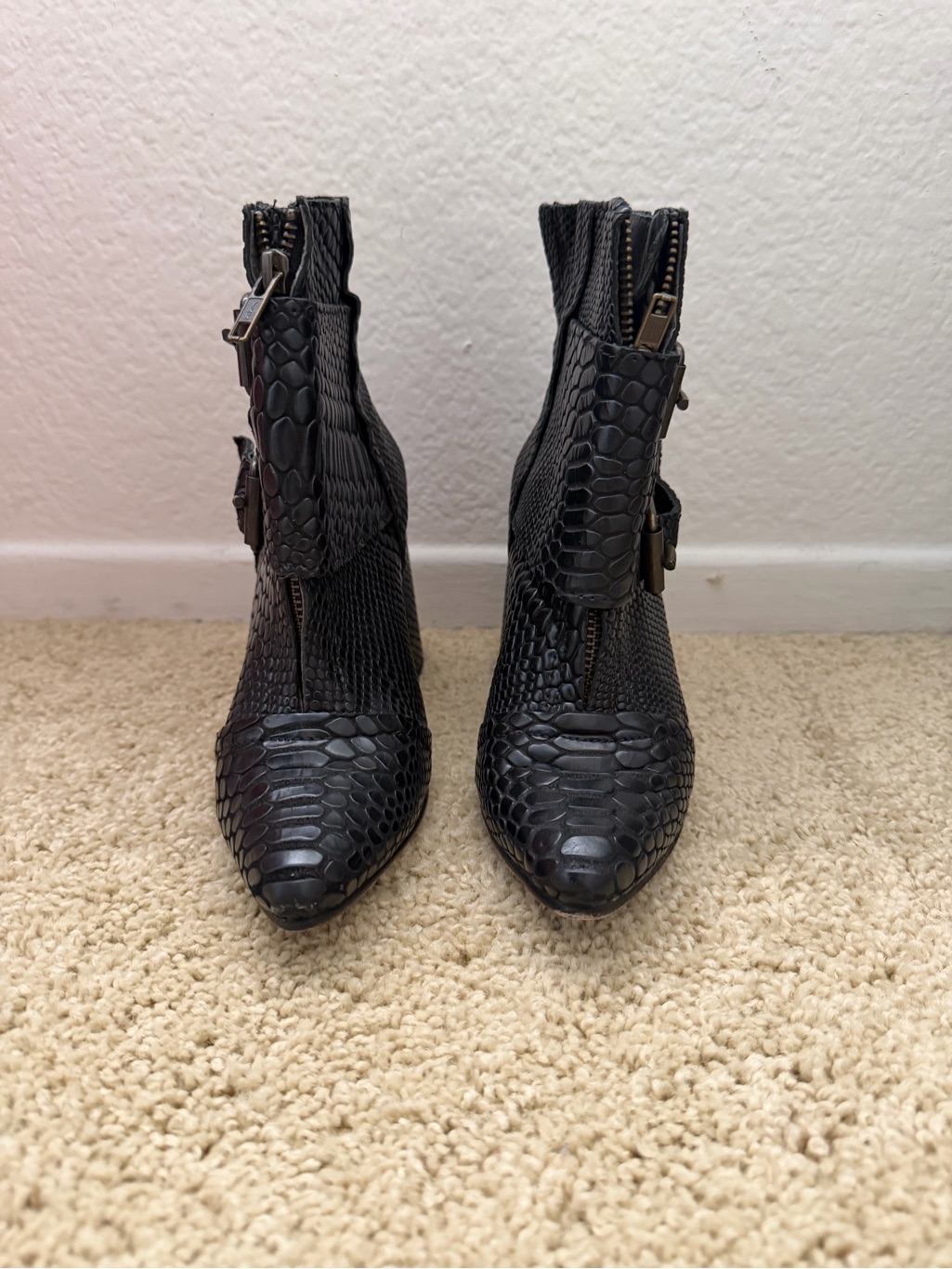 Freebird By Steven Black Python-Embossed Ankle Booties With Buckle & Zipper
